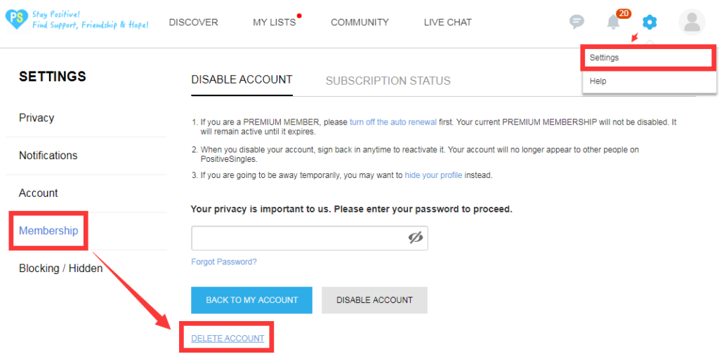 delete positive singles account on PC site